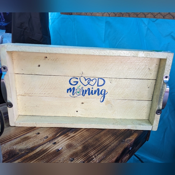 Handmade Wood Tray Hand Crafted Good Morning with Handles - Picture 10 of 10